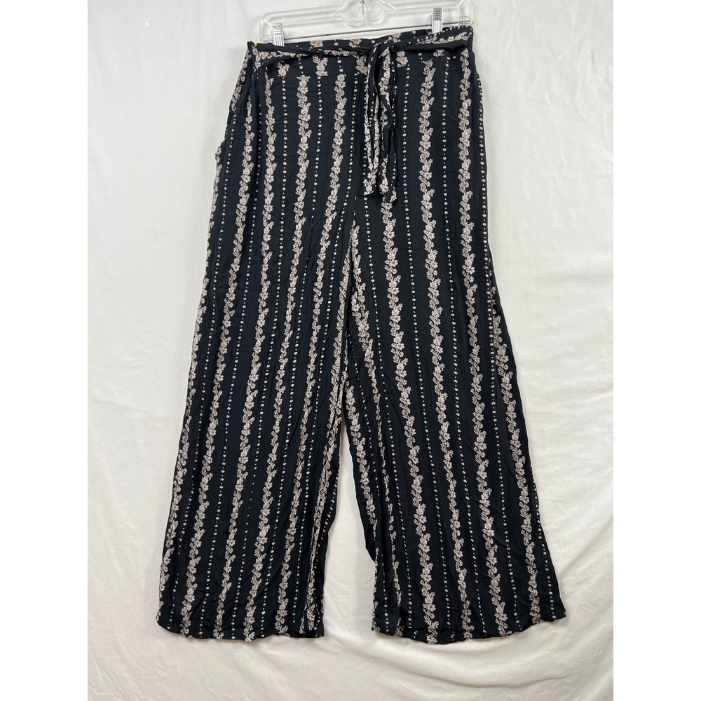 Angie Wide Leg Pants Womens Small Black Floral Smocked Back Tie Waist Boho